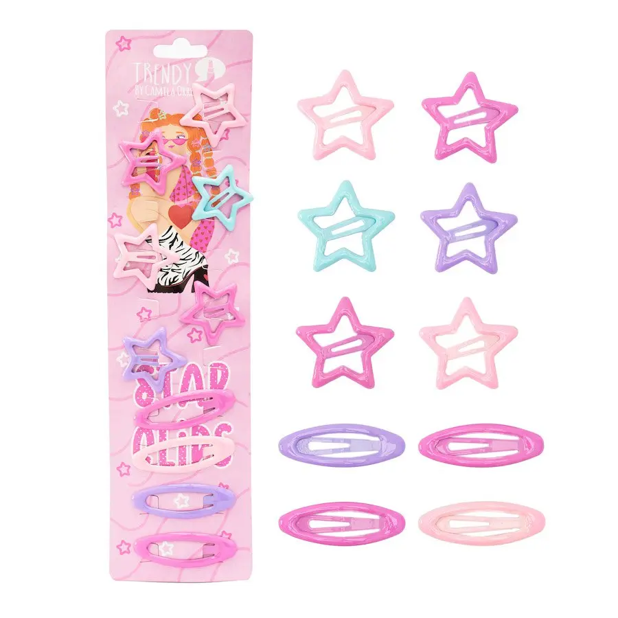 Set de 10 clips para el cabello estilo Y2K con 6 estrellas y 4 óvalos en tonos rosa, azul y morado pastel, mostrados en empaque y sueltos.