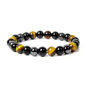 Pulsera elástica de triple protección con cuentas esféricas de ojo de tigre, obsidiana negra y hematita gris dispuestas en patrón alternado.