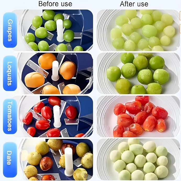 Pelador eléctrico de frutas uvas, nísperos, tomates y dátiles antes y después del uso sobre base azul con cuchillas y platos blancos.