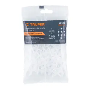 Bolsa transparente con 200 separadores de loseta plásticos en forma de cruz, color blanco, tamaño de 2 mm, marca Truper para alineación de pisos.