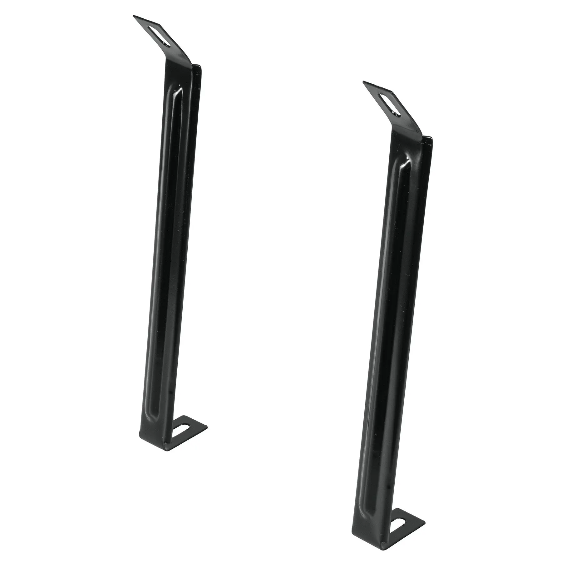 Par de soportes verticales negros de acero con pestañas perforadas para fijación en estructuras de carga.