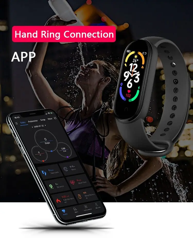 Smartwatch M7 negro de pantalla ovalada y correa de silicona, junto a un celular con app de monitoreo de salud en un entorno de actividad física.