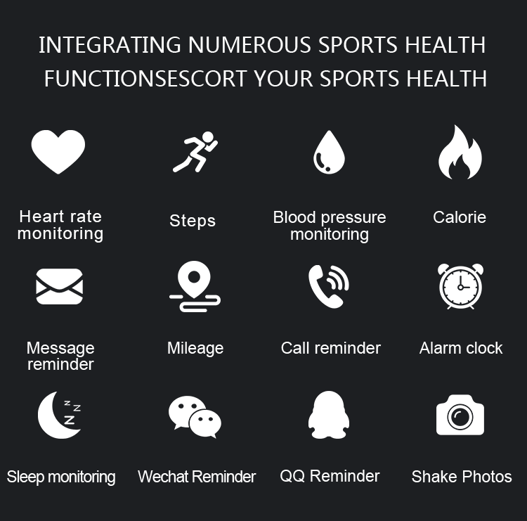 Iconos blancos sobre fondo negro muestran funciones del reloj M7: monitoreo de salud, pasos, calorías, sueño, alarmas y alertas de mensajes.