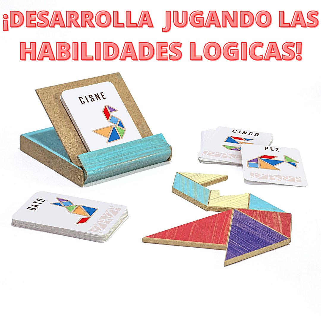 Set de ingenio de madera con piezas geométricas de colores, soporte organizador y tarjetas con figuras como cisne, gato y pez.