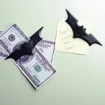 Set por dos clips para dinero magnéticos de acero inoxidable con diseño de Batman en color negro sobre billetes y nota adhesiva amarilla.