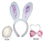 Kit disfraz de conejo en felpa blanca con orejas rosadas, cola de 5 cm y corbatín satinado de 10 cm con elástico.