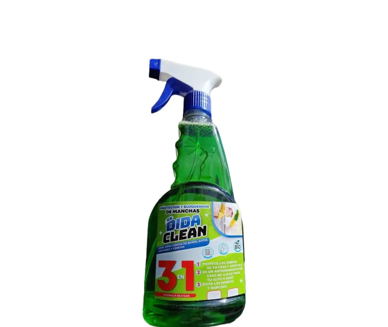 Spray Bida Clean con líquido verde, atomizador blanco y azul, etiqueta con número 31 rojo, para protección antiempañante de visores y espejos.