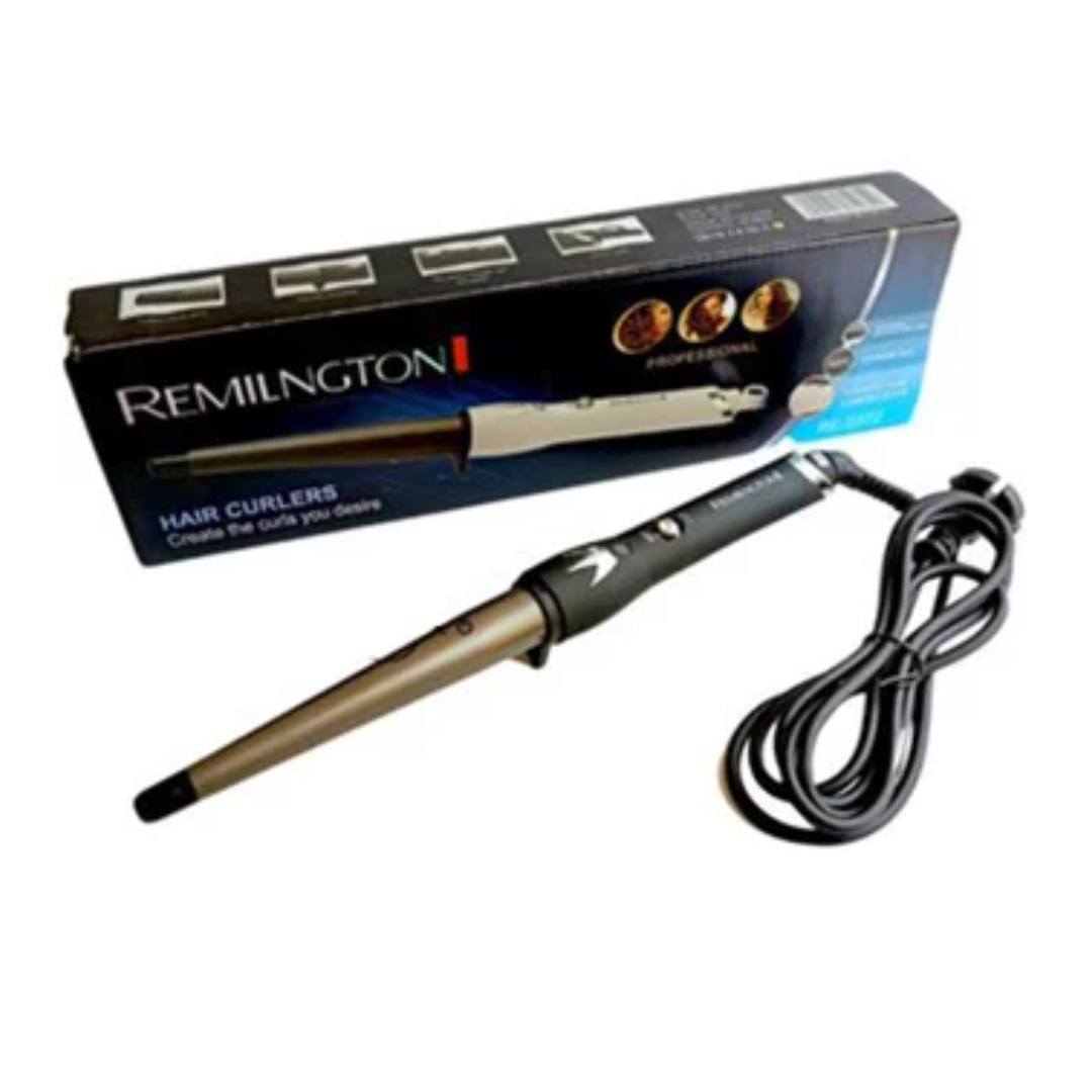 Rizadora de cabello Remington con barril dorado y mango negro, junto a su caja de empaque y cable de alimentación.