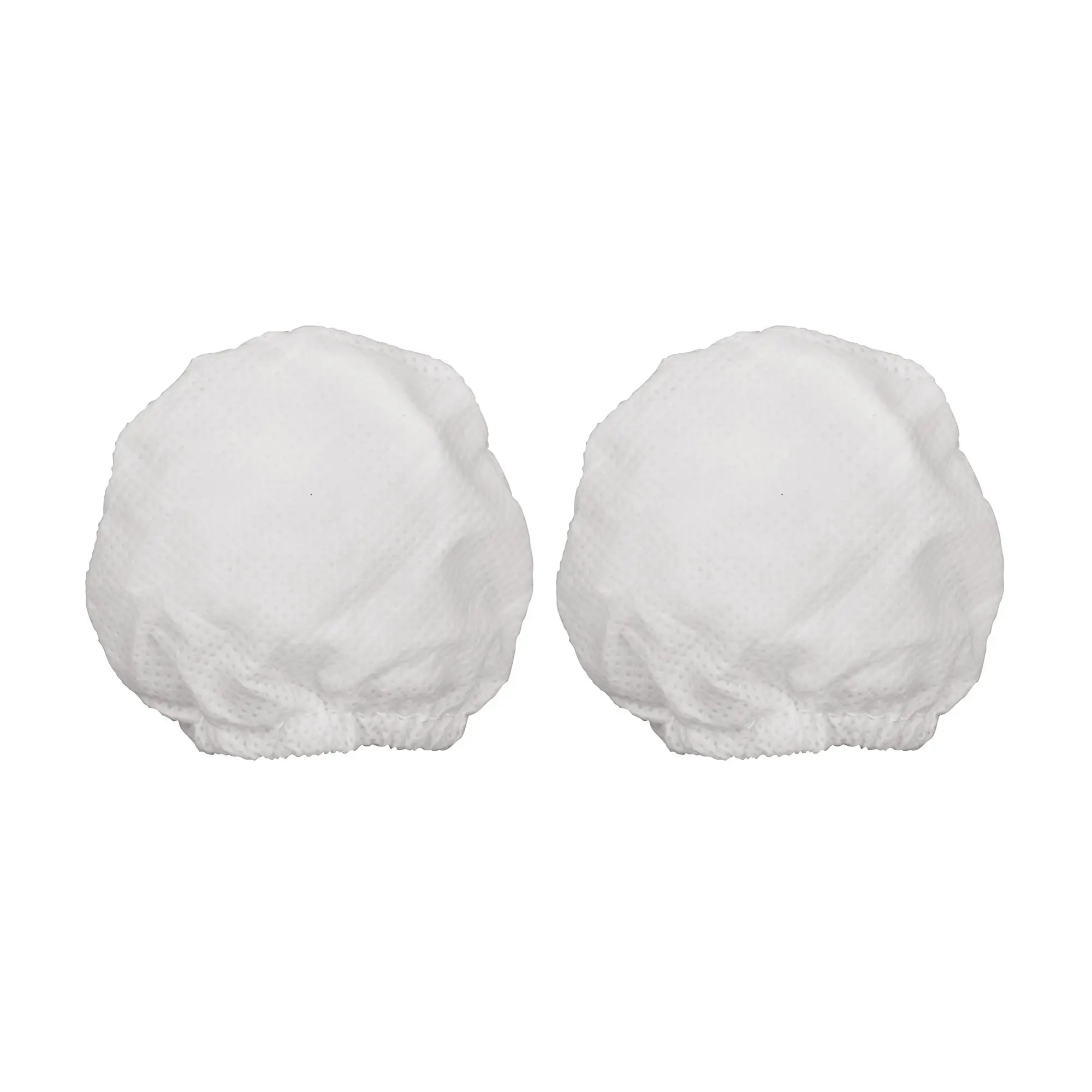 Dos filtros de polipropileno blancos para aspiradora automotriz, con forma redondeada, textura de malla y bordes elásticos.