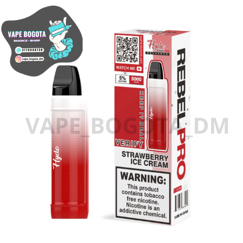 Vaporizador desechable recargable rojo con degradado, sabor Strawberry Ice Cream, con dispositivo y caja de empaque.