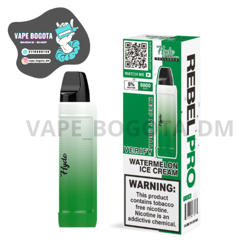 Vaporizador desechable Hyde Rebel Pro 5000 puffs recargable de color verde con degradado, sabor Watermelon Ice Cream, junto a su caja de empaque.