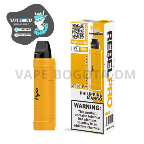 Vaporizador desechable recargable Hyde Rebel Pro de color amarillo con textura rugosa, presentación de 5000 puffs sabor Philippine Mango y su caja de empaque al lado.