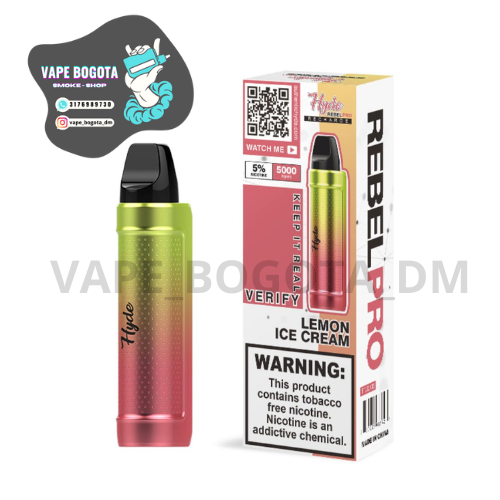 Vapeador desechable Hyde Rebel Pro 5000 puffs, color degradado de verde a rojo, con su caja de empaque y logo de Vape Bogota DM.