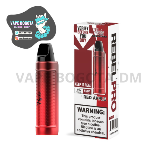 Vaporizador desechable Hyde Rebel Pro color rojo, sabor red apple, 5000 puffs, empaque y dispositivo de pie sobre fondo blanco.