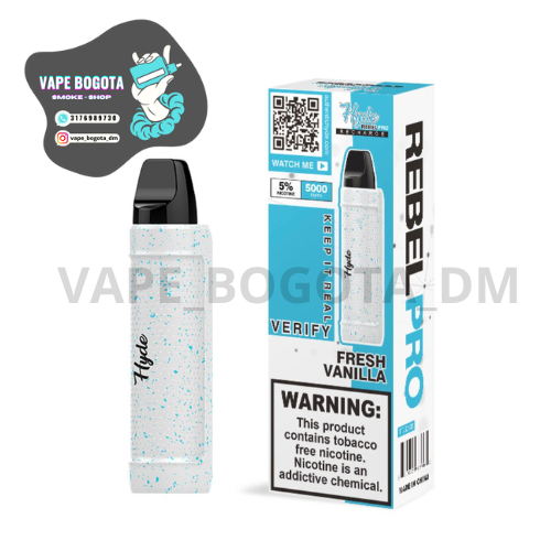Vaporizador desechable Hyde Rebel Pro 5000 Puffs color blanco con salpicaduras azules, sabor Fresh Vanilla, junto a su caja de empaque y logotipo de Vape Bogotá.