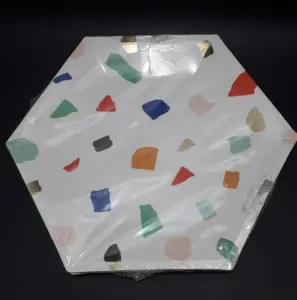 Paquete de platos desechables hexagonales blancos con diseño multicolor estilo terrazo y destellos dorados para fiestas.