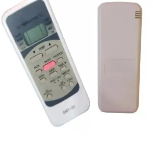 Dos controles remotos para aire acondicionado, modelo SMY-01, uno mostrando la pantalla LCD y los botones, y otro con la cubierta trasera.