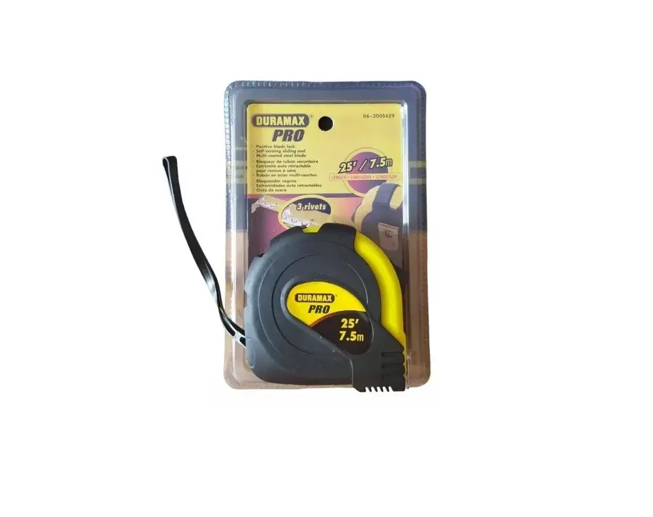 Cinta métrica flexómetro de 25 pies y 7.5 metros en negro y amarillo con estuche transparente y correa negra.