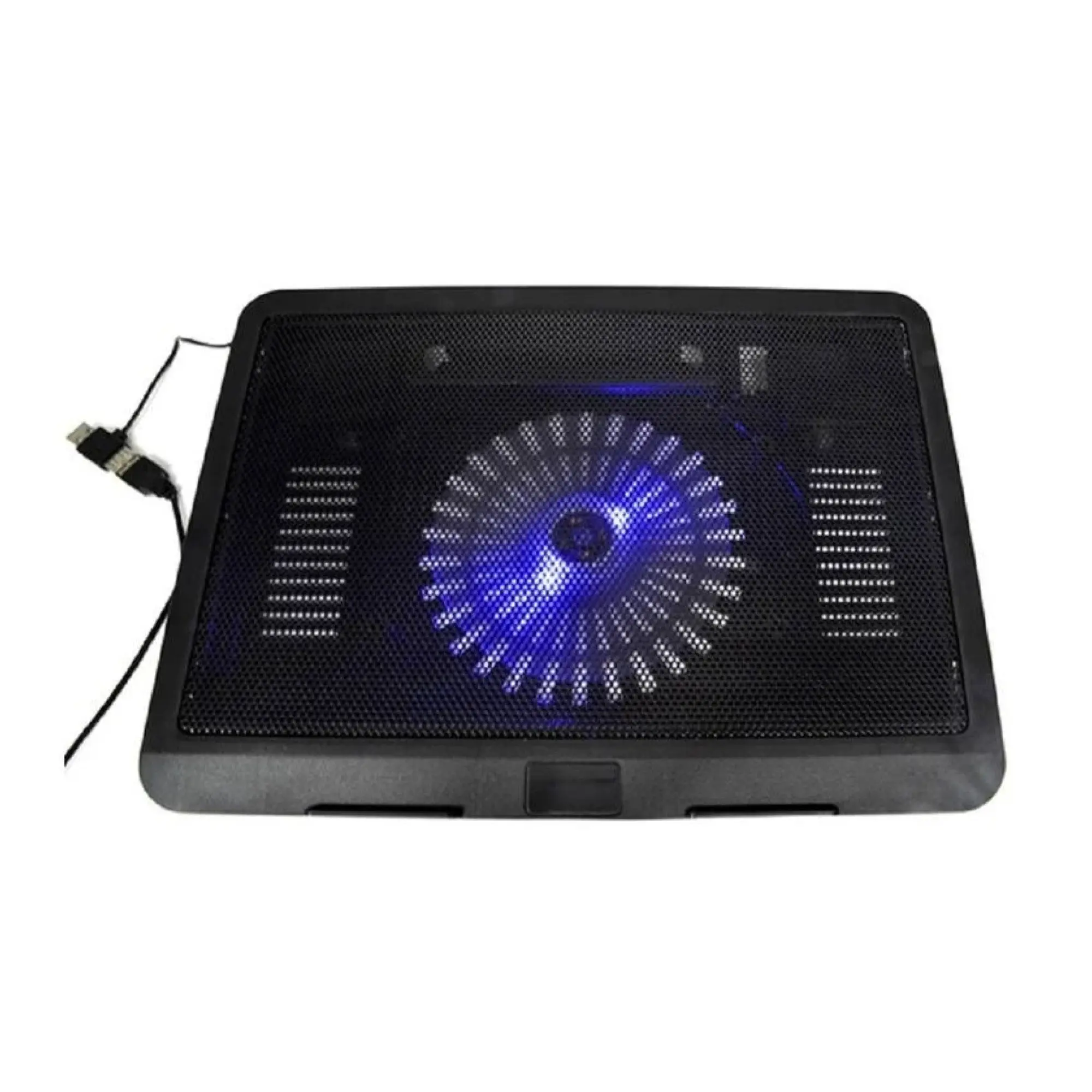 Base refrigerante para portátil negra con rejilla metálica y ventilador central con luz LED azul y cable USB lateral.