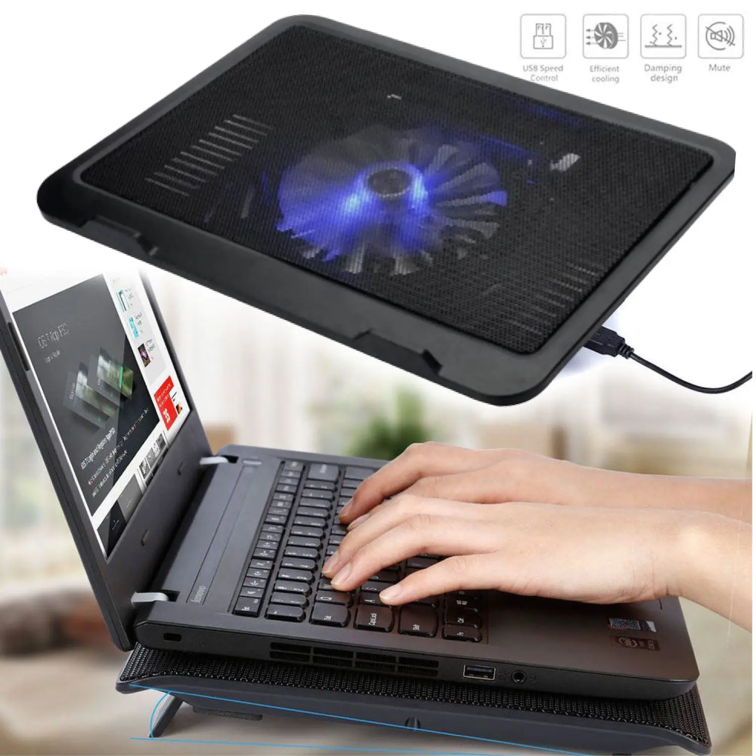 Base refrigerante negra con rejilla metálica y ventilador LED azul, mostrada en detalle y en uso bajo un portátil para su enfriamiento.