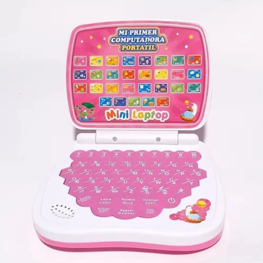Mini laptop didáctica infantil color rosa y blanco, con teclado de letras y números, pantalla con iconos educativos y funciones bilingües en español e inglés.