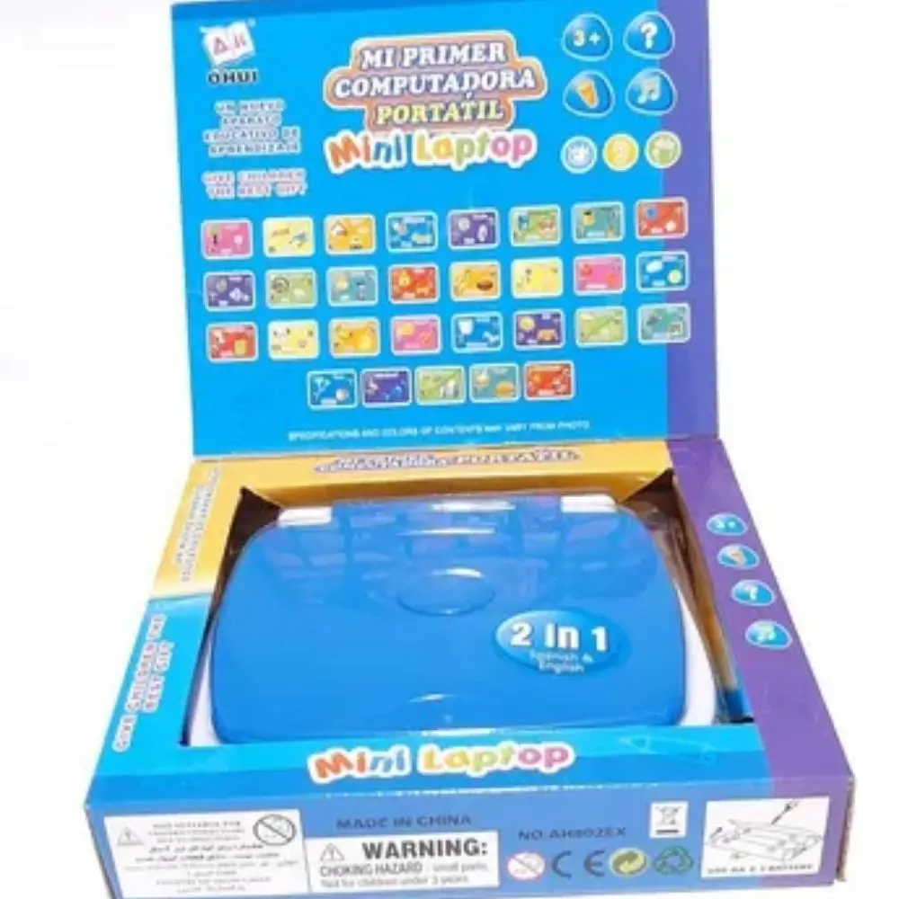 Mini laptop didáctica bilingüe azul en su caja original, con panel superior de actividades educativas y diseño compacto para aprendizaje infantil.