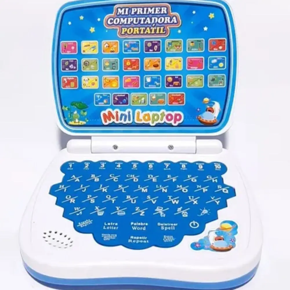 Mini laptop didáctica bilingüe color blanco y azul con teclado de letras, números y funciones educativas para aprendizaje infantil en español e inglés.