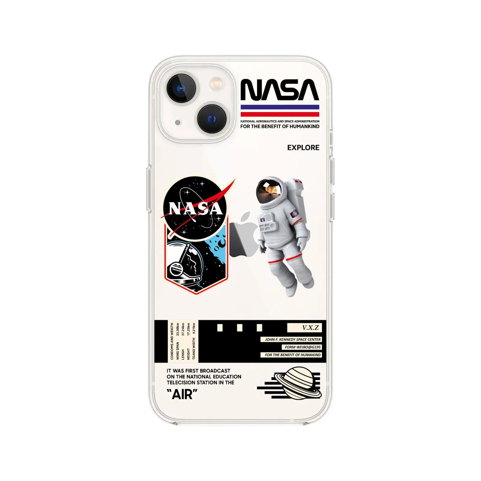 Funda transparente para celular con diseño espacial de la NASA, incluye astronauta, logotipos y Saturno en colores blanco, negro y rojo.
