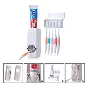 Dispensador automático de pasta dental blanco y soporte para cinco cepillos, con cuatro vistas que detallan su montaje y funcionamiento.