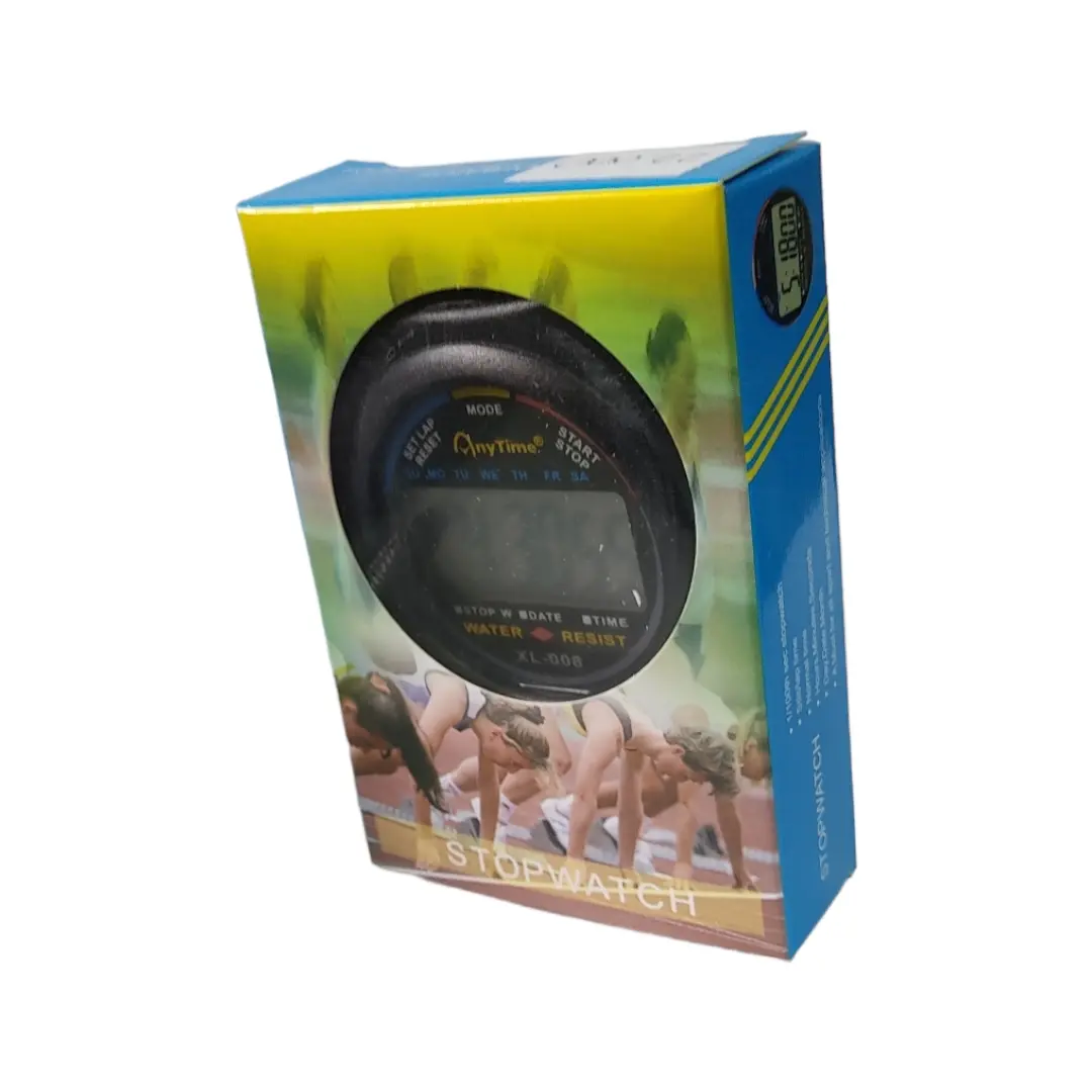 Cronómetro digital deportivo negro XL-008 AnyTime en su caja original con diseño de atletas corriendo.