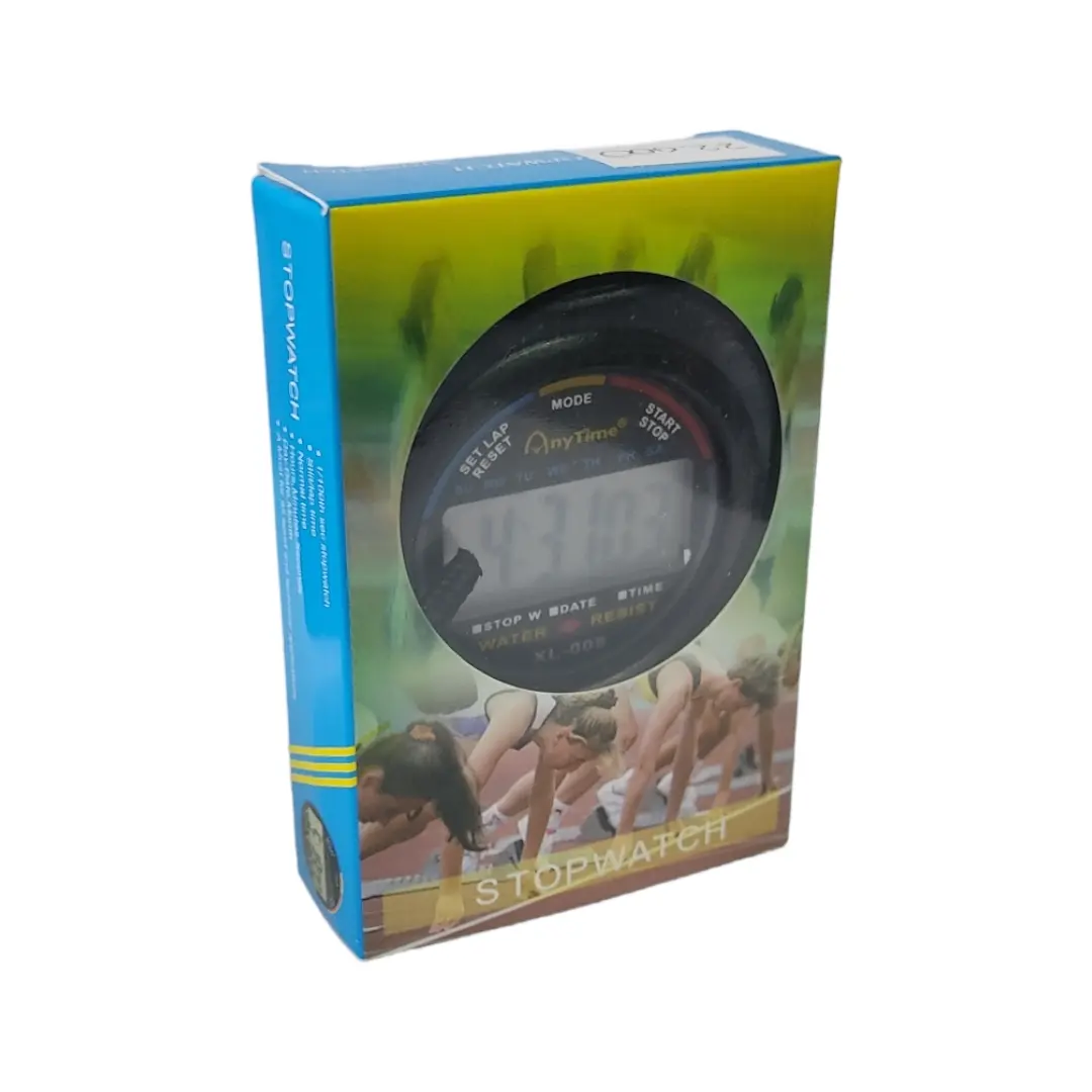 Caja de cartón azul y verde con ventana circular que muestra un cronómetro digital deportivo negro con pantalla LCD.