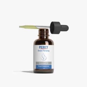 Frasco ámbar de vidrio de 30 ml con gotero negro horizontal, etiqueta blanca de Perky Breast Plumping Essential Oil para realce de senos.