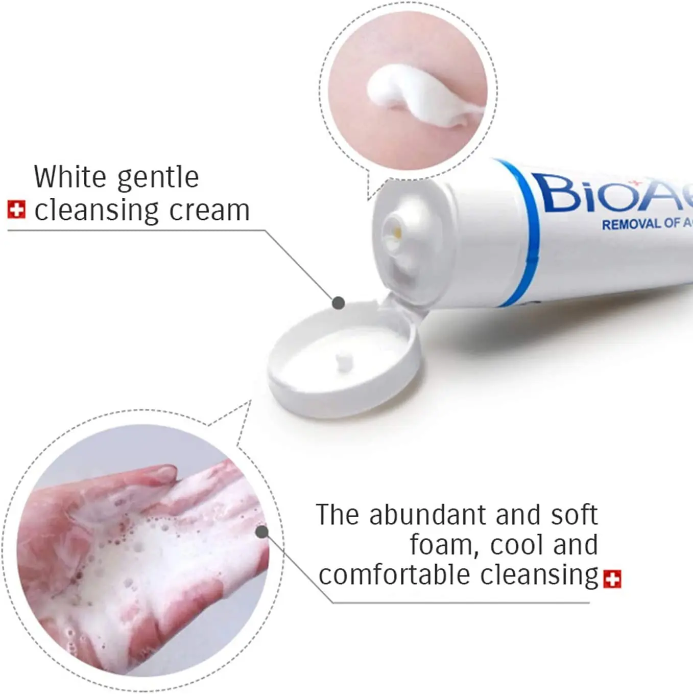 Tubo de crema limpiadora antiacné blanca abierta con textura cremosa, muestra espuma suave en la mano.