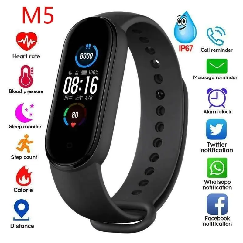 Reloj inteligente M5 negro de pantalla ovalada. Muestra funciones de salud, actividad física, notificaciones y resistencia al agua IP67.