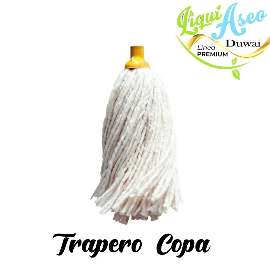 Trapero con copa de rosca amarilla y mechón de hilos de algodón blanco para limpieza de pisos y absorción de líquidos.