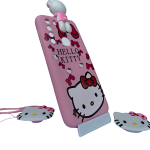 Funda rosa de silicona para Motorola One Fusion con diseño de Hello Kitty, incluye figura decorativa superior y dos soportes tipo pop socket.