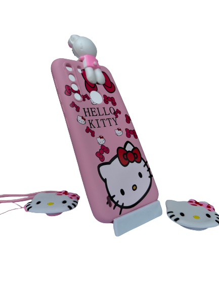 Funda rosa de silicona para Motorola One Fusion con diseño de Hello Kitty, incluye figura decorativa superior y dos soportes tipo pop socket.
