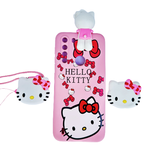 Funda para Motorola One Fusion de silicona rosa con diseño de Hello Kitty, incluye correa para colgar al hombro y soporte decorativo.
