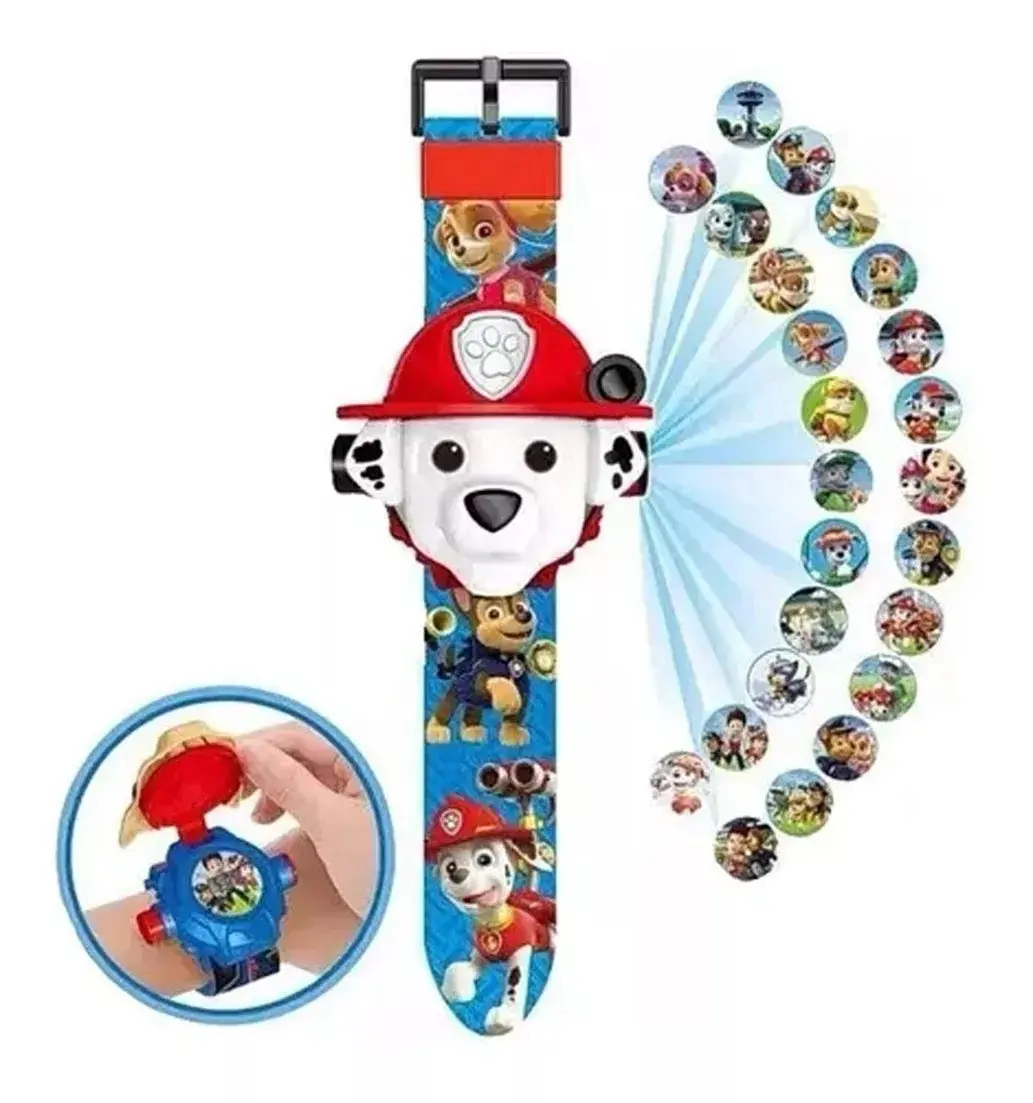 Reloj digital infantil azul de Paw Patrol con diseño de Marshall, proyector lateral de imágenes y correa decorada.