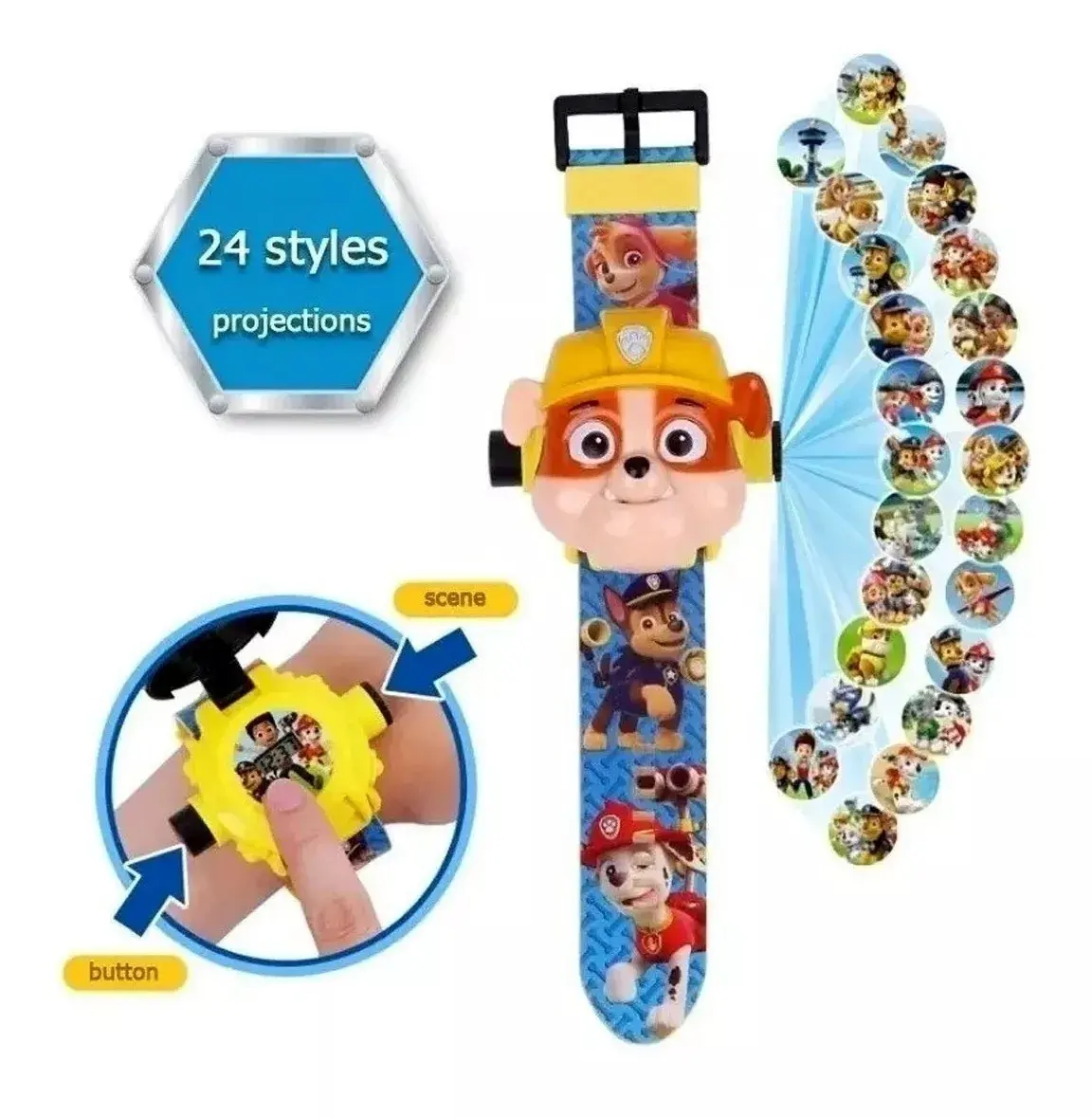 Reloj digital infantil Paw Patrol con diseño de Rubble amarillo y correa azul con personajes. Incluye proyector de 24 imágenes de escenas.