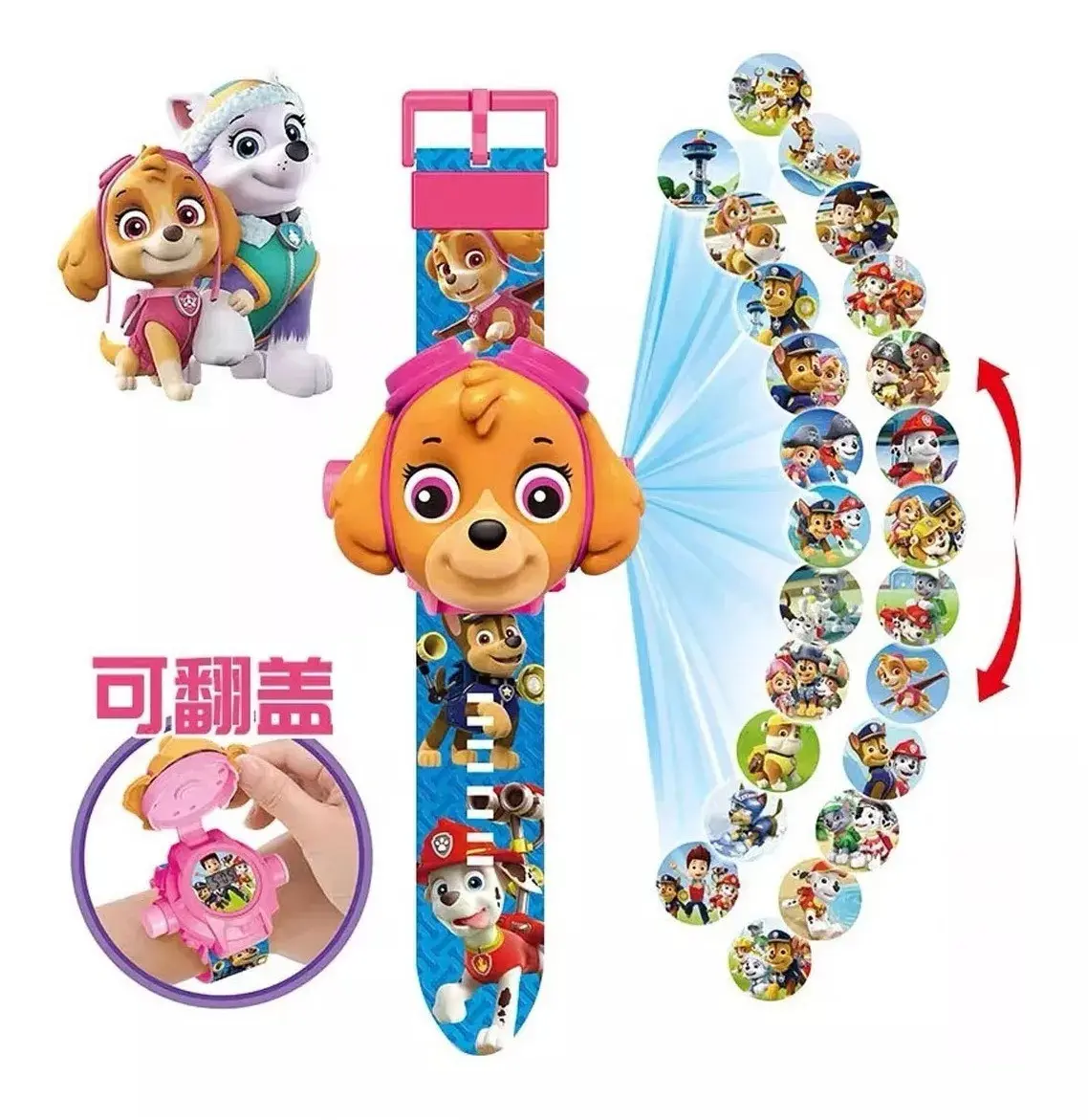 Reloj digital rosa de Paw Patrol con cara 3D de Skye, correa azul con personajes y proyector que muestra 24 imágenes circulares de la serie.