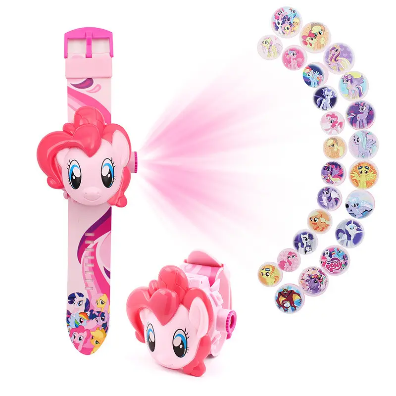 Reloj infantil rosa de My Little Pony con proyector lateral de imágenes y correa estampada, acompañado de una unidad adicional y veinticuatro discos proyectados.