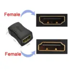 Adaptador unión HDMI hembra a hembra color negro, con medidas de 3.3 cm de largo, 2.1 cm de ancho y 1.1 cm de alto, diseñado para extender cables HDMI.