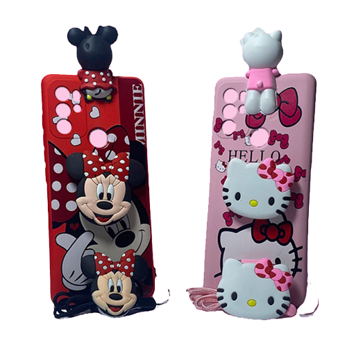 Set de 2 fundas de silicona para Motorola One Fusion, en colores rojo con Minnie y rosado con Hello Kitty, con figuras en relieve y correa para colgar.