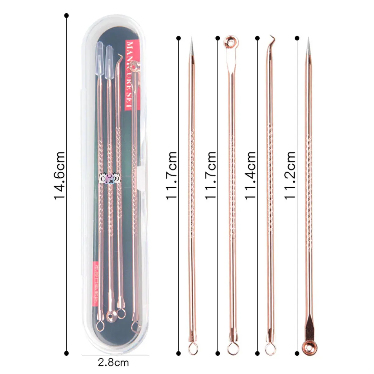 Kit de 4 extractores de acné color oro rosa en estuche de 14.6x2.8 cm. Herramientas de acero inoxidable con medidas de 11.2 a 11.7 cm.