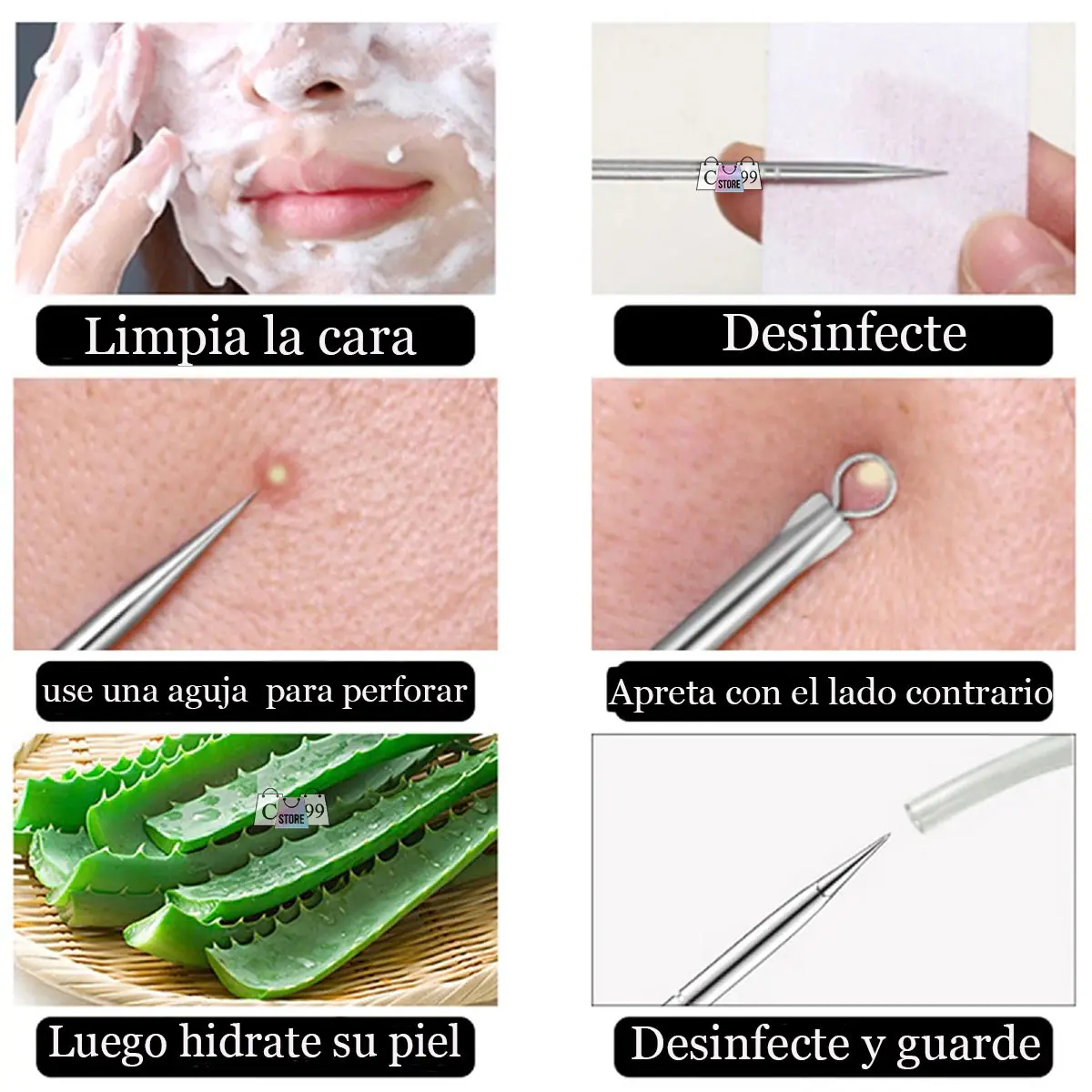 Guía de uso del kit de extractores de acero inoxidable: pasos para limpiar, desinfectar, extraer impurezas, hidratar la piel y guardar la herramienta.