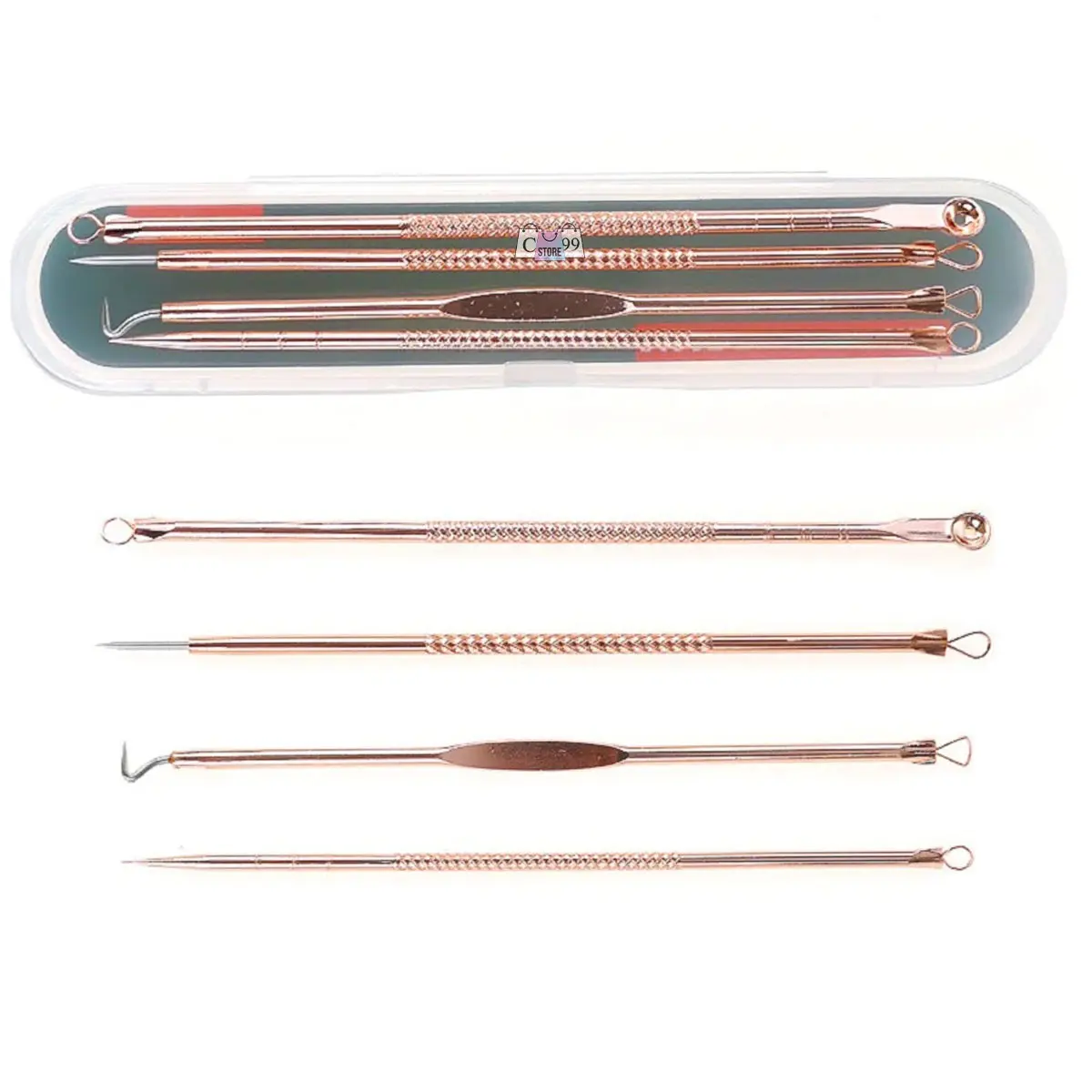 Kit de cuatro extractores de acné color oro rosa con puntas de gancho, lazo y aguja, en estuche transparente y presentados de forma individual.