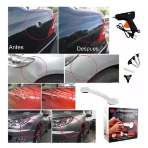 Kit Pops-a-dent para reparar abolladuras en carrocería, incluye pistola de silicona, soportes, ventosa y caja con instrucciones de uso antes y después.