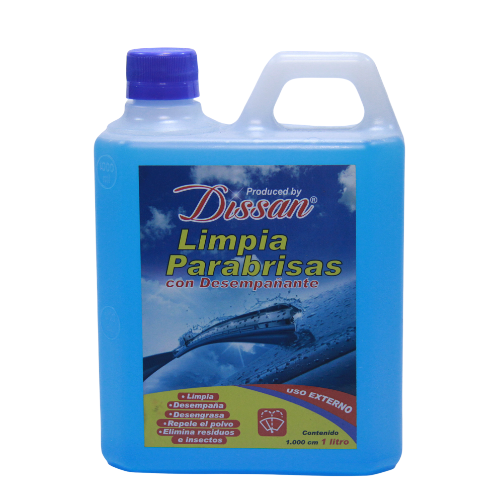 Galón plástico traslúcido con líquido azul para limpiar parabrisas, etiqueta central con la marca Dissan, tapa azul y asa superior.