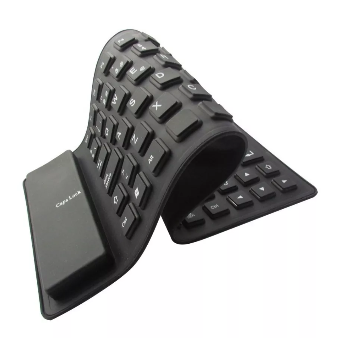 Teclado flexible de silicona negra enrollado sobre sí mismo en ángulo inclinado, mostrando teclas blancas texturizadas y carcasa compacta.